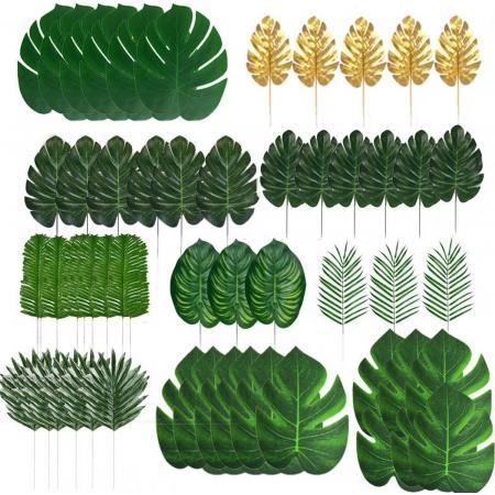 Joya Party® 72 Stuks Tropische Bladeren Decoratie | Kunst Blad Jungle Decoratie | Verjaardag Versiering | Palm bladeren | Groen & Goud